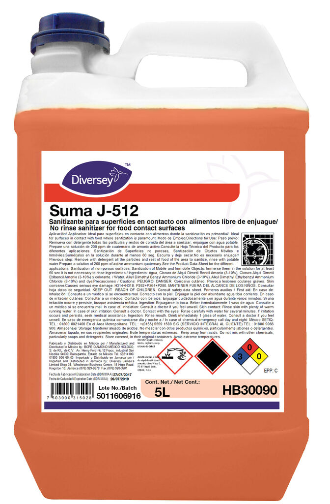 SUMA J-512 4x5L - Sanitizante para superficies en contacto con alimentos libre de enjuague